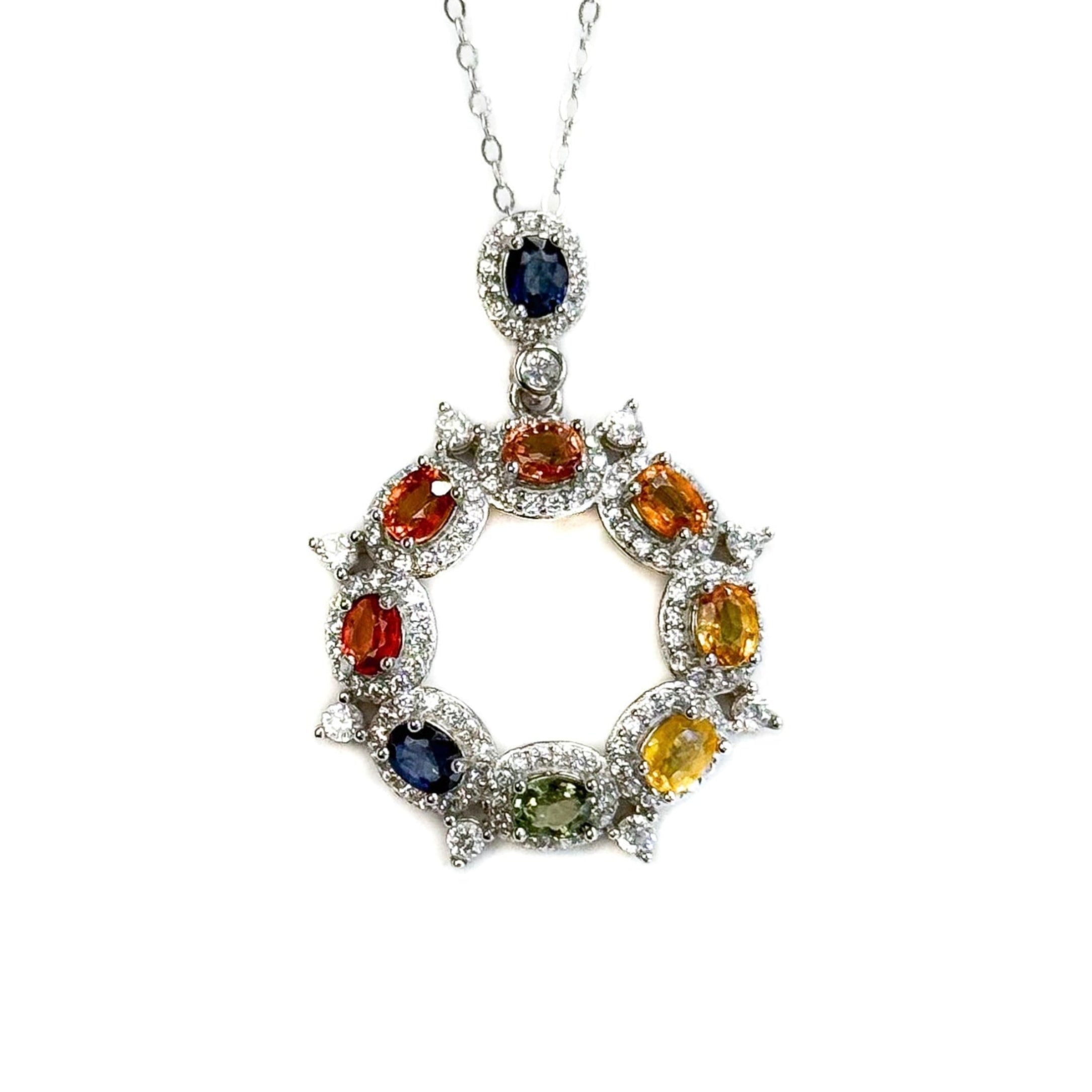 Colored Sapphire Circle Pendant Necklace